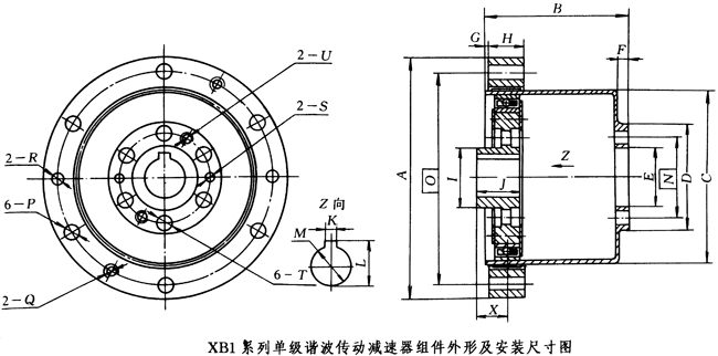 XB1单级谐波传动减速器组件外形及安装尺寸 