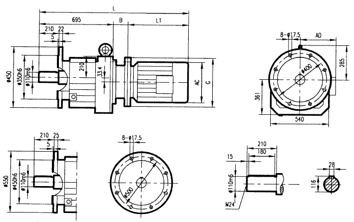 GRF167係列斜齒輪減速電機安裝結構尺寸
