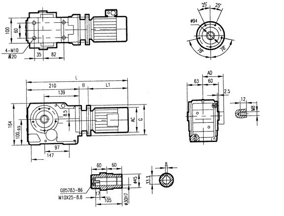GKA37型斜齿轮弧齿锥齿轮减速电机安装结构图尺寸