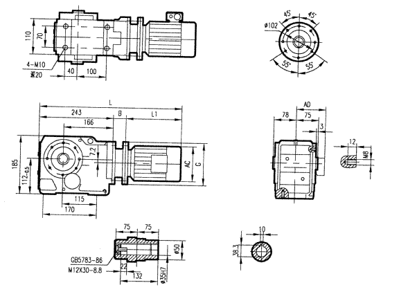 GKA47型斜齒輪弧齒錐齒輪減速電機安裝結構圖尺寸