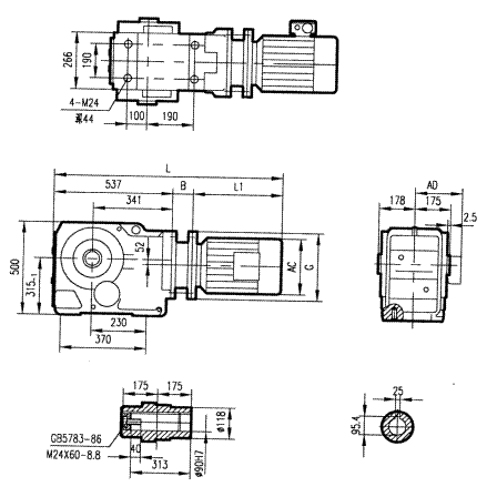 GK107型斜齿轮弧齿锥齿轮减速电机安装结构图尺寸
