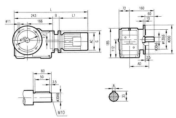 GKF47型斜齒輪弧齒錐齒輪減速電機安裝結構圖尺寸