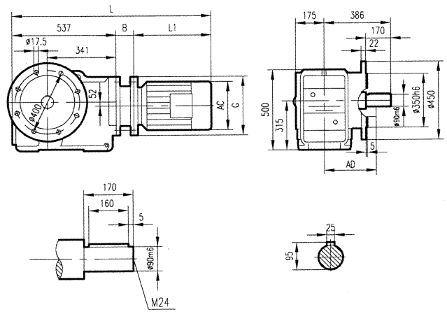GKF107型斜齒輪弧齒錐齒輪減速電機安裝結構圖尺寸