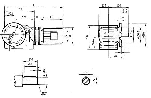 GK157型斜齿轮弧齿锥齿轮减速电机安装结构图尺寸