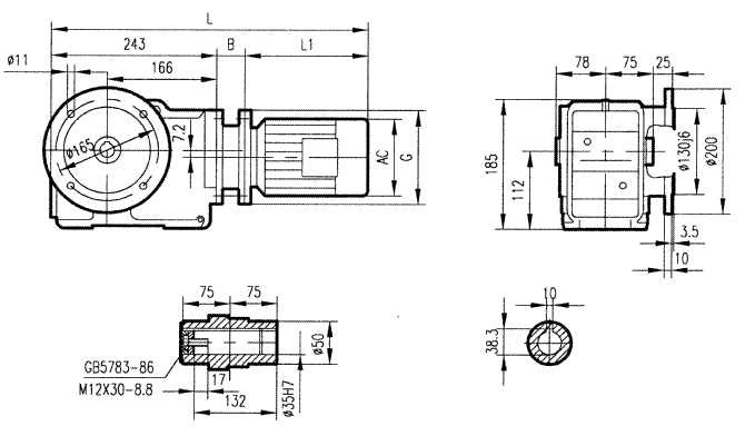 GKAF47型斜齒輪弧齒錐齒輪減速電機安裝結構圖尺寸
