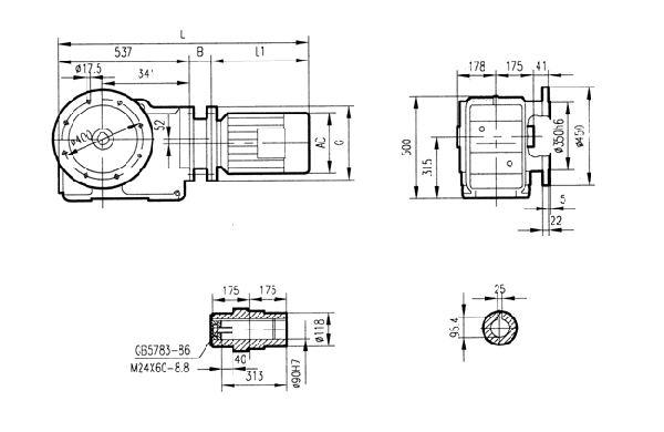 GKAF107型斜齒輪弧齒錐齒輪減速電機安裝結構圖尺寸