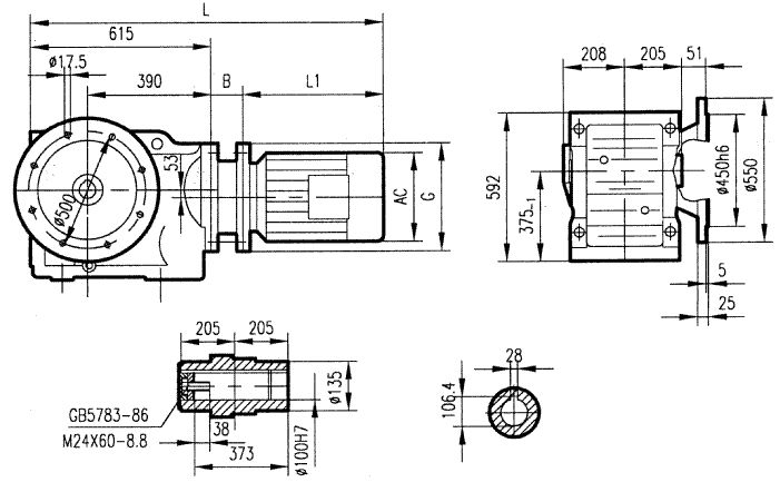 GKAF127型斜齿轮弧齿锥齿轮减速电机安装结构图尺寸