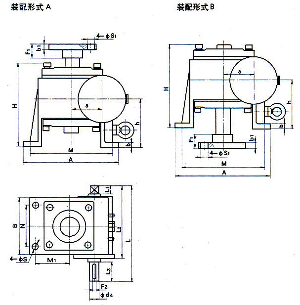 WJ63、WJ80、WJ100、WJ125、WJ160、WJ200型蜗轮丝杠升降机外形安装尺寸