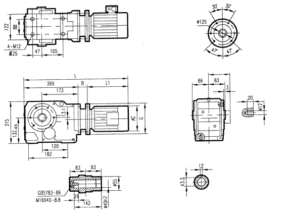 GKA57型斜齒輪弧齒錐齒輪減速電機安裝結構圖尺寸