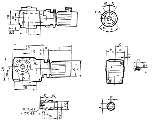 GKA67型斜齒輪弧齒錐齒輪減速電機安裝結構圖尺寸