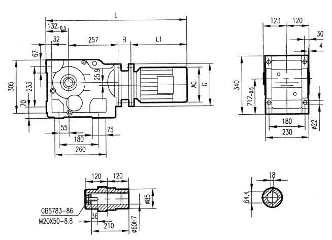 GKAB87型斜齒輪弧齒錐齒輪減速電機安裝結構圖尺寸