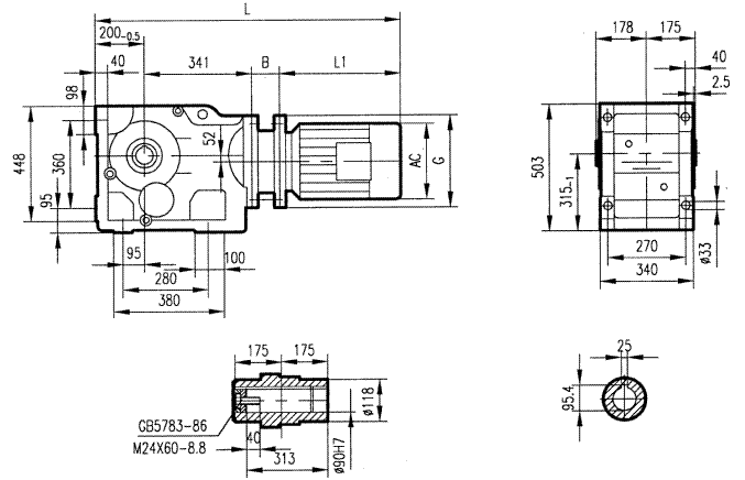 GKBA107型斜齒輪弧齒錐齒輪減速電機安裝結構圖尺寸