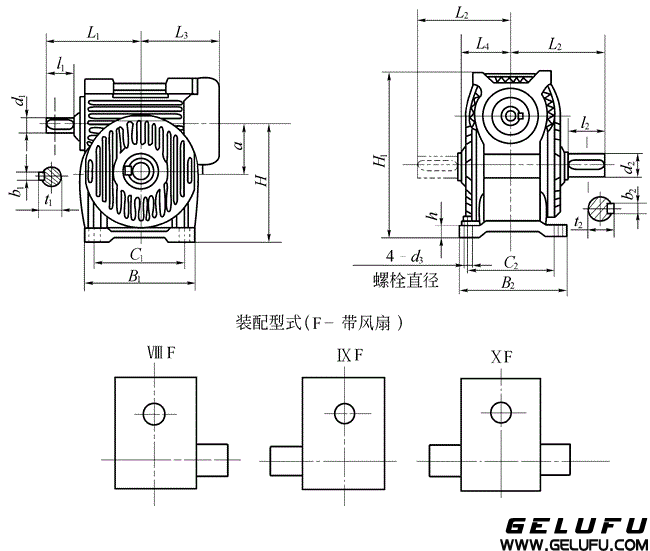 KWO型锥面包络圆柱蜗杆减速器的外形安装尺寸和装配型式