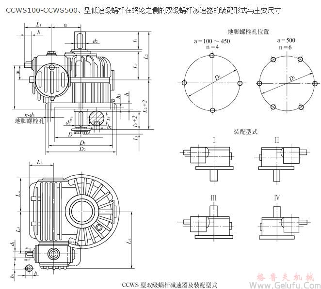 CCWS100-CCWS500、型低速級蝸杆在蝸輪之側的雙級蝸杆減速機的裝配形式與主要尺寸（JB/T7008-1993）