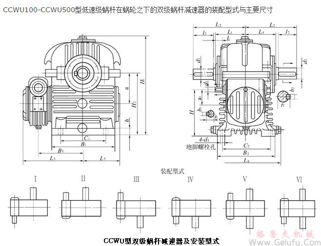 CCWU100、CCWU125、CCWU160、CCWU200、CCWU250、CCWU315、CCWU355、CCWU400、CCWU450、CCWU500、型低速級蝸杆在蝸輪之下的雙級蝸杆減速機的裝配型式與主要尺寸（JB/T7008-1993）