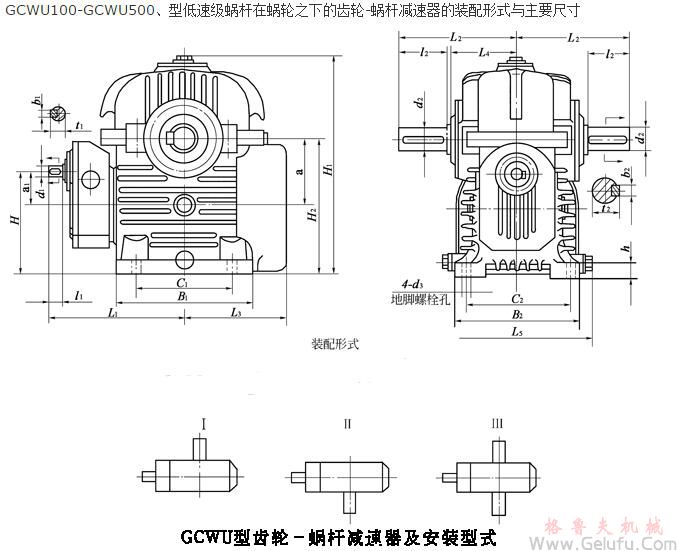 GCWU100-GCWU500、型低速級蝸杆在蝸輪之下的齒輪-蝸杆減速機的裝配形式與主要尺寸（JB/T7008-1993）