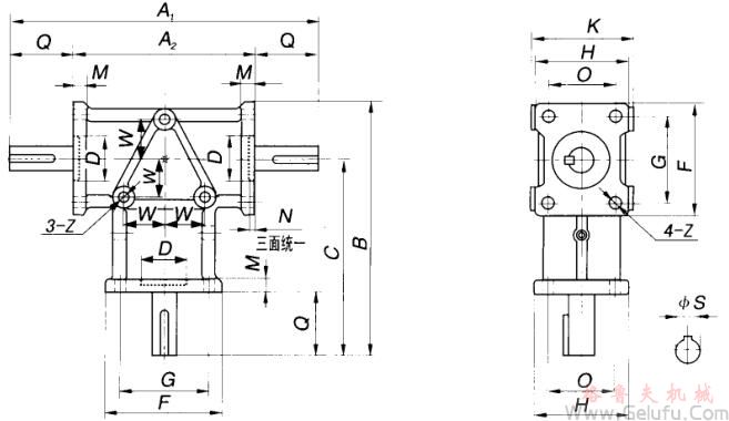 ARA系列螺旋锥齿轮转向箱外形尺寸图表