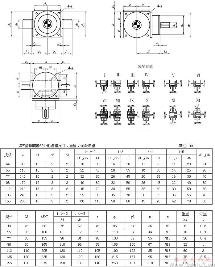 SPV轉向器的外形和連接尺寸（輸出軸加強型）