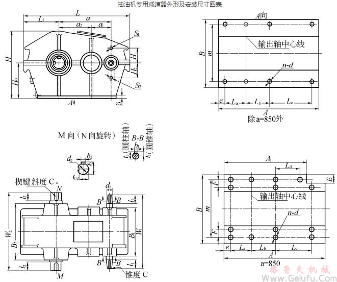 抽油机专用减速机外形及安装尺寸图表